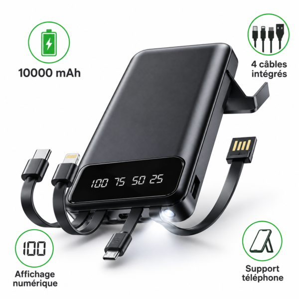 Power Bank VIMAX 10 000 mAh – Avec 4 Câbles Intégrés
