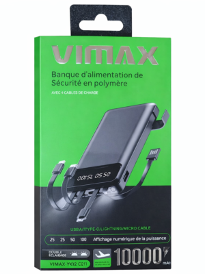 Power Bank VIMAX 10 000 mAh – Avec 4 Câbles Intégrés