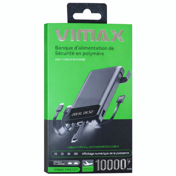 Power Bank VIMAX 10 000 mAh – Avec 4 Câbles Intégrés Power Bank VIMAX 10 000 mAh – Avec 4 Câbles Intégrés