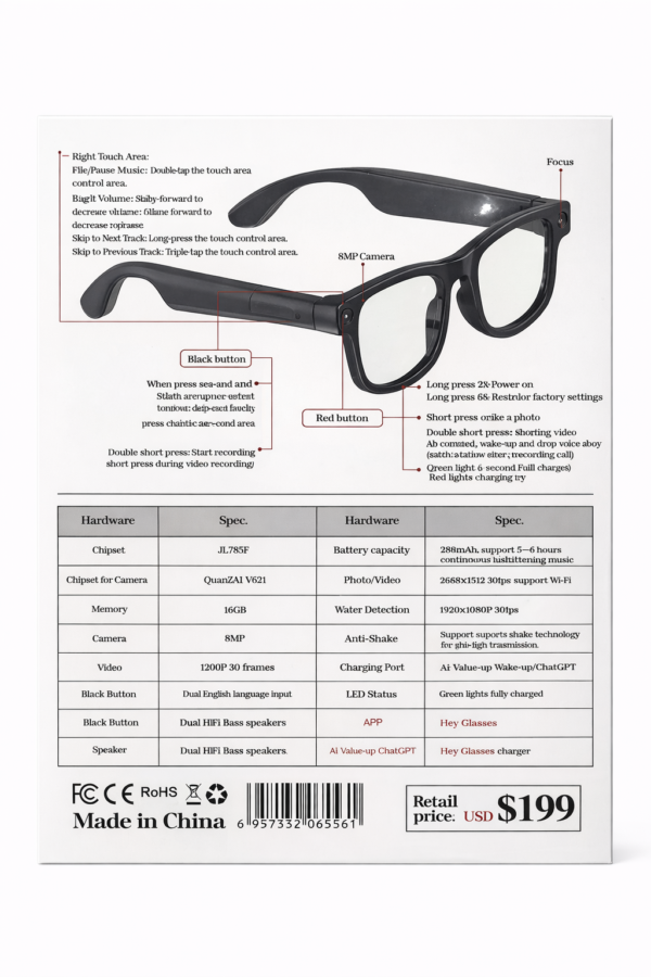 AI Smart Glasses – Lunettes Intelligentes 8MP