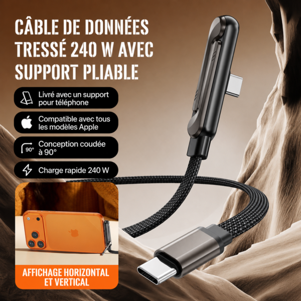 Câble USB-C 240W avec Support Téléphone Pliable