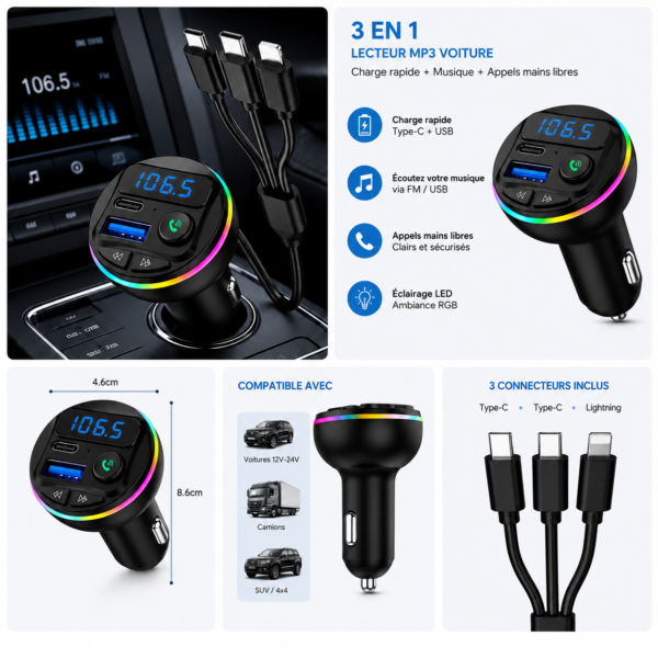Transmetteur FM Bluetooth 3-en-1 avec Charge Rapide Transmetteur FM Bluetooth 3-en-1 avec Charge Rapide
