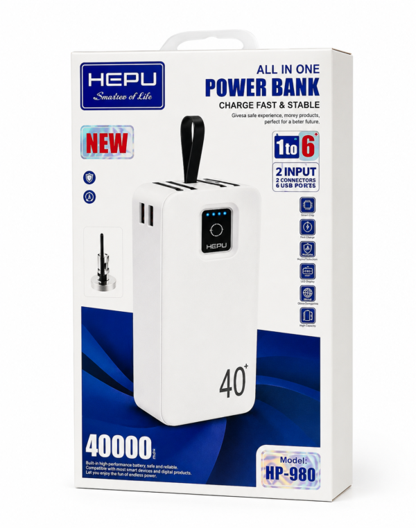 Power Bank HEPU HP-980 / HP-990 40 000 mAh – Câbles Intégrés