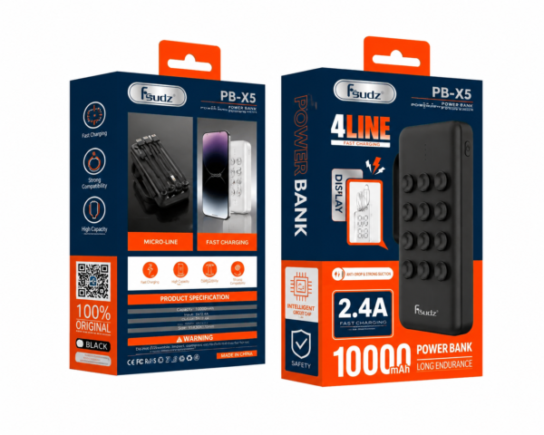 Power Bank Fsudz PB-X5 10 000 mAh – 4 Câbles Intégrés Power Bank Fsudz PB-X5 10 000 mAh – 4 Câbles Intégrés