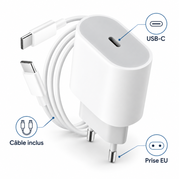 Chargeur rapide  avec Câble Type-C vers Type-C Inclus