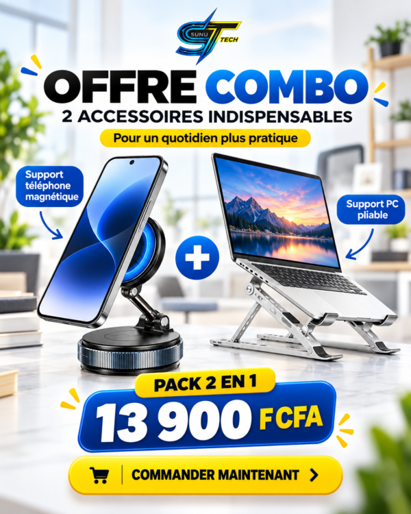 Pack 2 en 1 – Support Téléphone Magnétique + Support PC Pliable